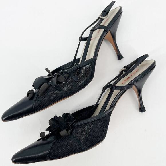 Miu Miu Vintage Retro Black Flower Bow Mesh Pointed Toe Slingback Heel IT 38 - Picture 5 of 13
